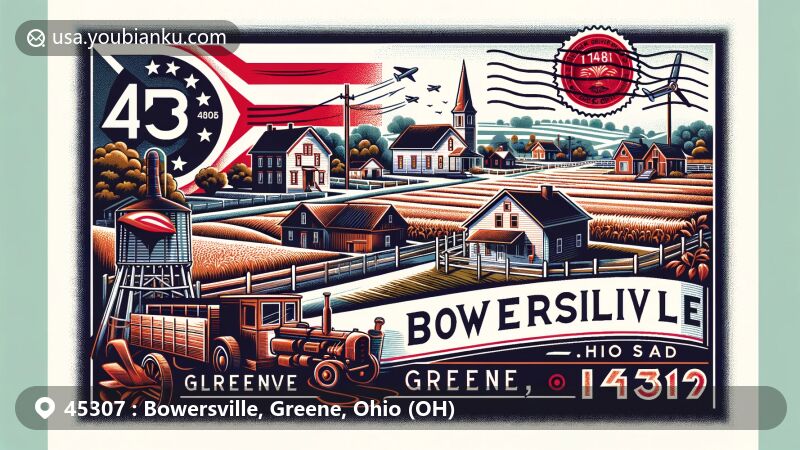 Vibrant illustration of Bowersville, Greene County, Ohio, in ZIP code 45307, resembling an airmail envelope or postcard with rural village scenes and Ohio state color hints.