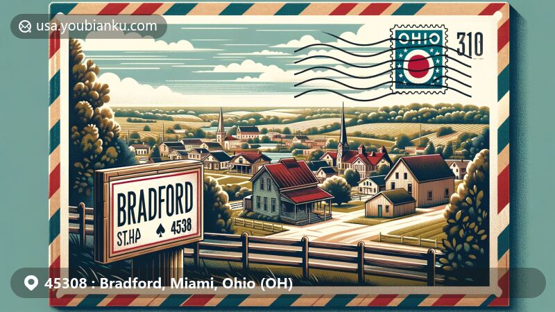 Modern illustration of Bradford, Ohio, showcasing postal theme with ZIP code 45308, featuring a vintage-style postcard layout with a postal stamp and envelope corner, capturing the charm of this quaint town and hinting at Ohio's lush countryside.