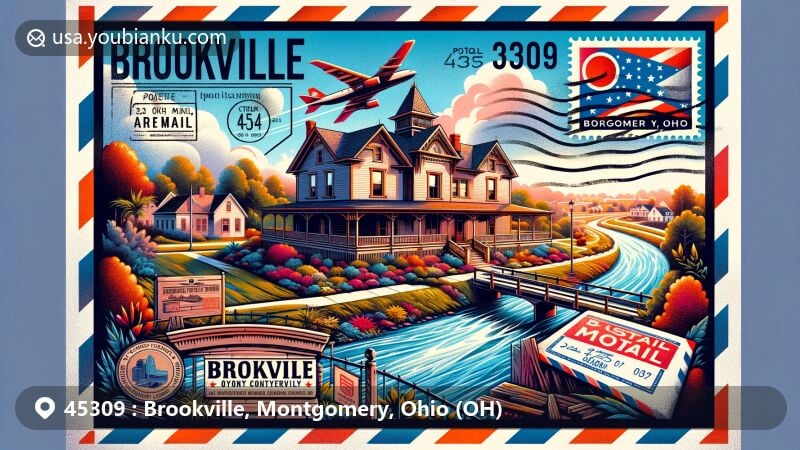Modern illustration of Brookville, Ohio, showcasing postal theme with ZIP code 45309, featuring Samuel Spitler House and Ohio state flag.