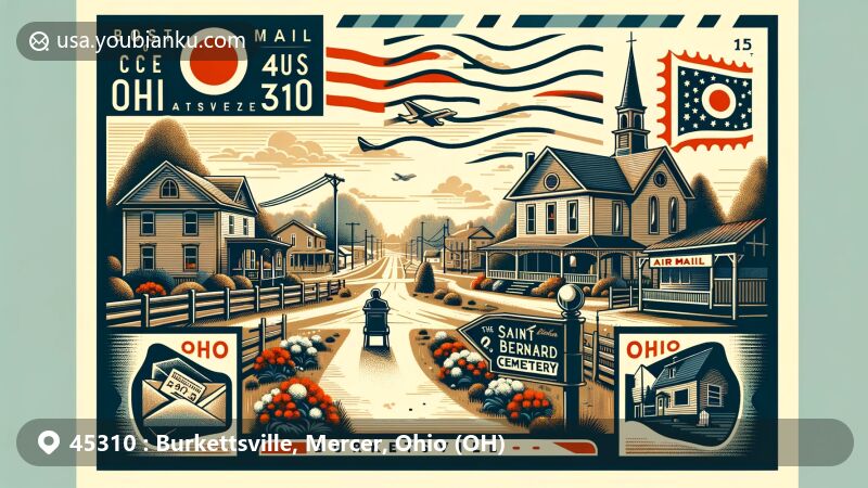 Modern illustration of Burkettsville, Ohio, with a postal theme and village charm, showcasing the Ohio state flag and Saint Bernard Cemetery.