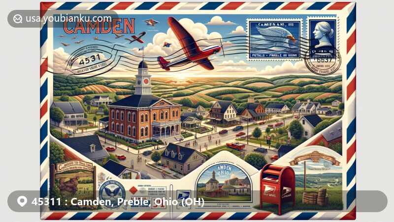 Modern illustration of Camden, Ohio, 45311, featuring the restored 1889 Town Hall and Opera House, 'Century Farms,' rural landscapes, and postal motifs like stamps and a red mailbox with ZIP code 45311.