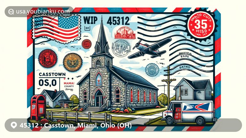 Modern illustration of Casstown, Miami County, Ohio, capturing postal theme with ZIP code 45312, featuring Casstown Lutheran Stone Church and vintage air mail elements.