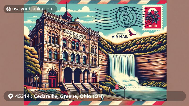Vintage-style illustration of Cedarville Opera House and Cedar Cliff Falls in Cedarville, Ohio, featuring Romanesque Revival architecture and picturesque waterfall with postal theme and ZIP code 45314.