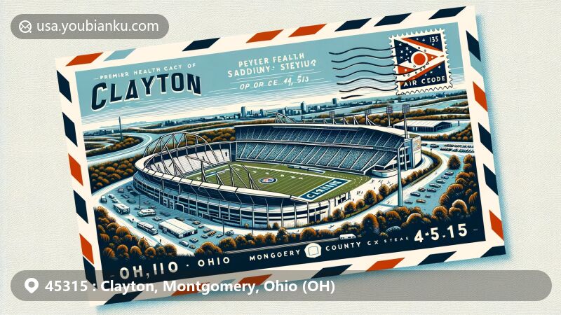 Modern illustration of Clayton, Montgomery County, Ohio, ZIP code 45315, featuring Premier Health Stadium and postal elements in a vibrant design.