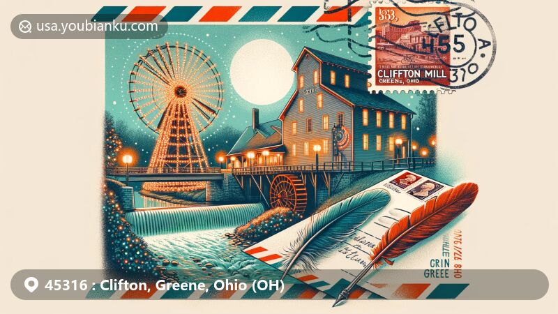 Modern illustration of Clifton, Greene County, Ohio, featuring Clifton Mill and Opera House, with a creative postal theme and vintage postcard design, highlighting ZIP code 45316.