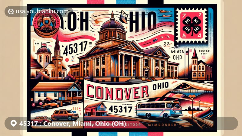 Modern illustration of Conover, Miami County, Ohio, depicting the postal theme with ZIP code 45317, showcasing A.B. Graham Memorial Center, and integrating iconic postal symbols.