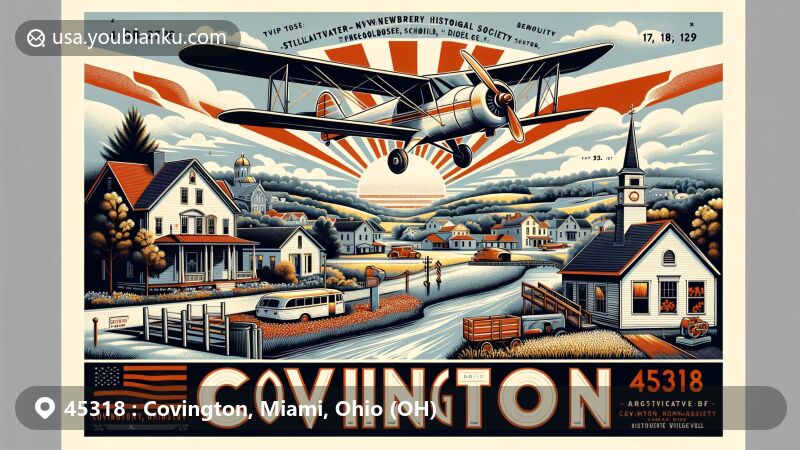 Modern illustration of Covington, Miami County, Ohio, featuring ZIP code 45318, vintage postcard theme with aviation envelope, historical museum, Stillwater River, Greenville Creek, 1950s farm scene, and Ohio state flag.