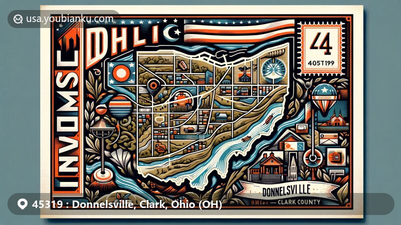 Modern illustration of Donnelsville, Clark County, Ohio, featuring postal theme with ZIP code 45319, showcasing village map outline and Ohio state symbols.