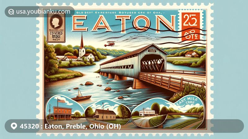 Modern illustration of Eaton, Preble, Ohio (OH), highlighting Roberts Covered Bridge, Crystal Lake, Seven Mile Creek, and Fort St. Clair, with vintage postal motifs and Ohio state outline in the background.