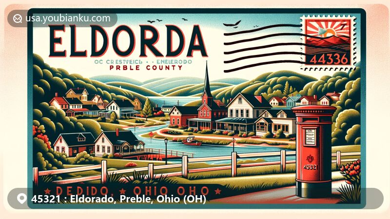 Vintage-style illustration of Eldorado, Ohio, in Preble County, featuring a classic postcard with ZIP code 45321 and postal elements like a red postbox, Ohio state flag stamp, and Eldorado postmark.
