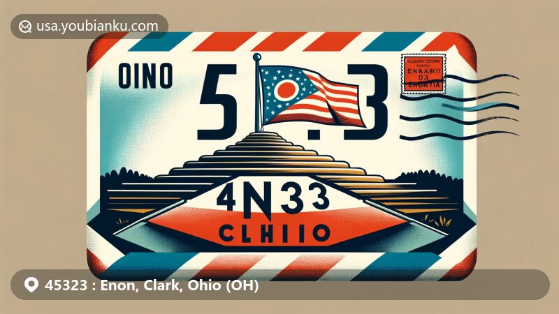 Modern illustration of Enon, Clark County, Ohio, showcasing postal theme with ZIP code 45323, featuring Enon Adena Mound and Ohio state flag.