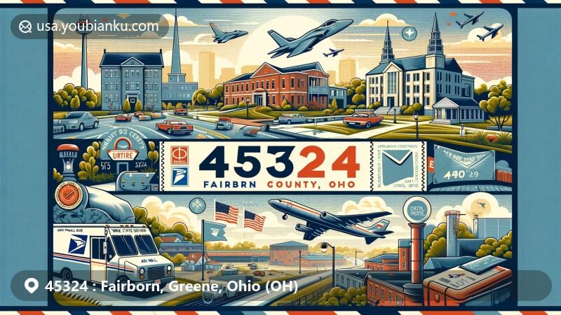 Modern illustration of Fairborn, Greene County, Ohio, featuring iconic elements like Wright State University, Nutter Center, Miami Valley Military History Museum, and local Air Force base, reflecting the area's military and educational significance.