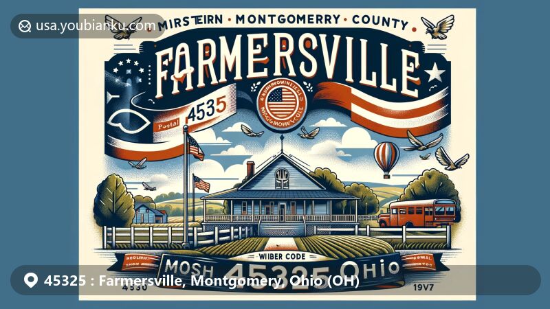 Modern illustration of Farmersville, Montgomery County, Ohio, depicting a blend of rural charm and small-town spirit, honoring hometown heroes and showcasing the village's postal theme with ZIP code 45325.