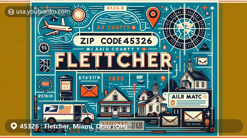 Vibrant illustration of Fletcher, Ohio, ZIP code 45326, blending historical charm with modern postal symbols, capturing the essence of Miami County.
