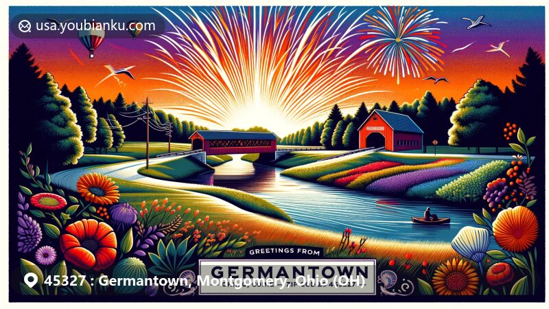 Modern illustration of Germantown, Ohio, showcasing iconic landmarks such as Germantown Covered Bridge, Twin Creek MetroPark, and Fourth of July Fireworks at Veterans Memorial Park, set against a vibrant sunset background with local flora and fauna motifs.