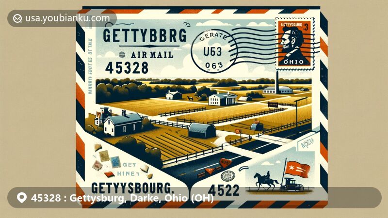 Modern illustration of Gettysburg, Darke County, Ohio, showcasing postal theme with ZIP code 45328, featuring Tecumseh Trail and rural landscape, with vintage air mail envelope and stamps.