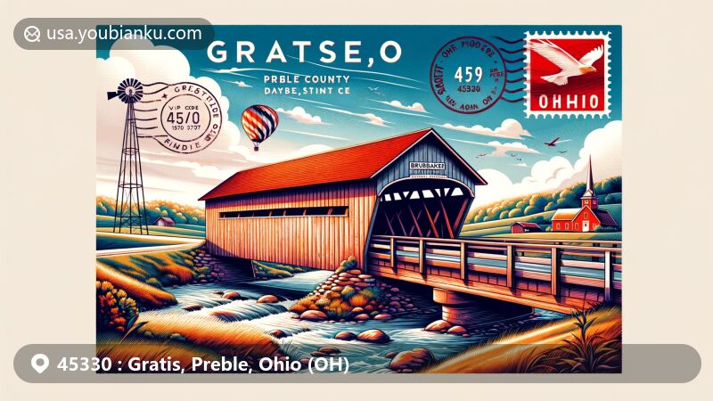 Modern illustration of Gratis, Ohio, showcasing postal theme with ZIP code 45330, featuring Brubaker Covered Bridge and village's serene setting in Preble County.