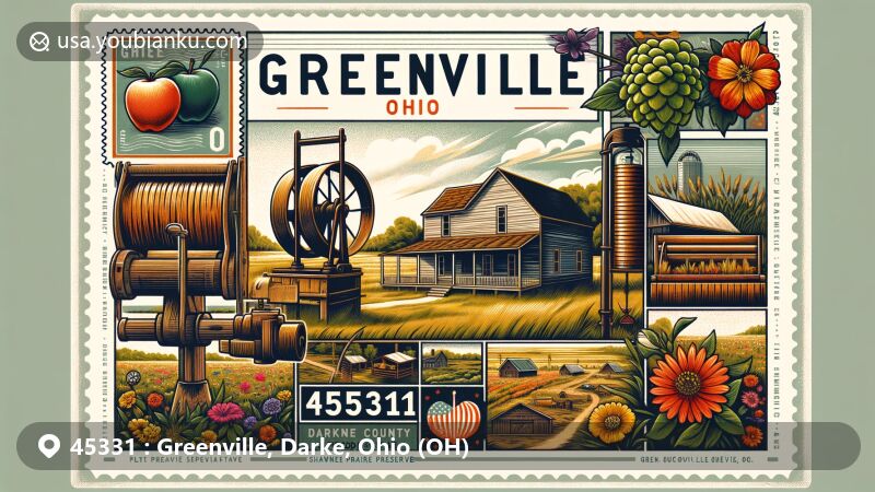Modern illustration of Greenville, Ohio, featuring Shawnee Prairie Preserve and local cultural and natural elements, with postal-themed postcard design for ZIP code 45331.