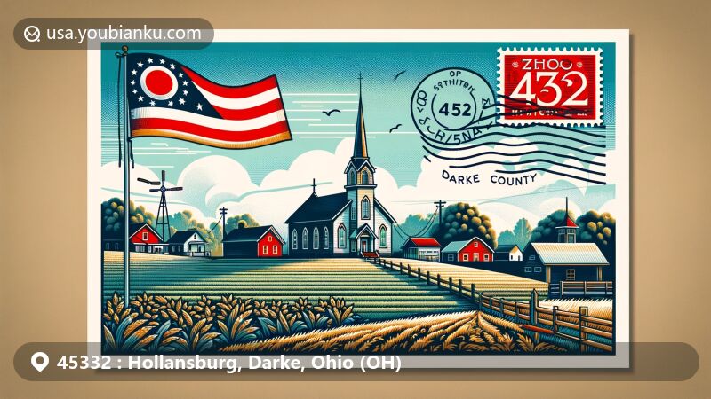 Modern illustration of Hollansburg, Darke County, Ohio, depicting ZIP code 45332 area as a postcard with rural and historical charm, featuring iconic village elements and Ohio state symbols.