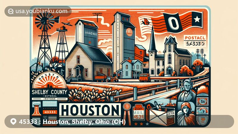 Modern illustration of Houston, Shelby County, Ohio, showcasing postal theme with ZIP code 45333, featuring iconic buildings and landmarks against verdant rural backdrop.