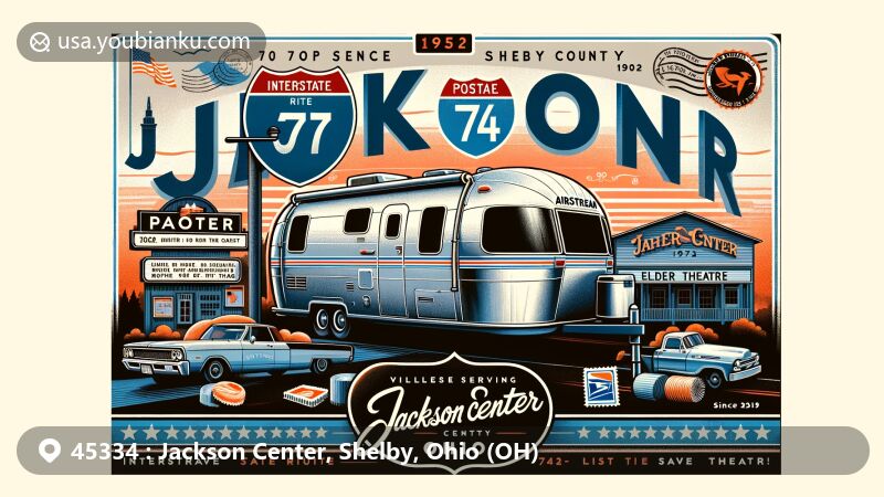 Creative postcard illustration of Jackson Center, Shelby County, Ohio, featuring Airstream trailers, Interstate 75, State Route 274, Elder Theatre, postal elements, and Ohio state flag.