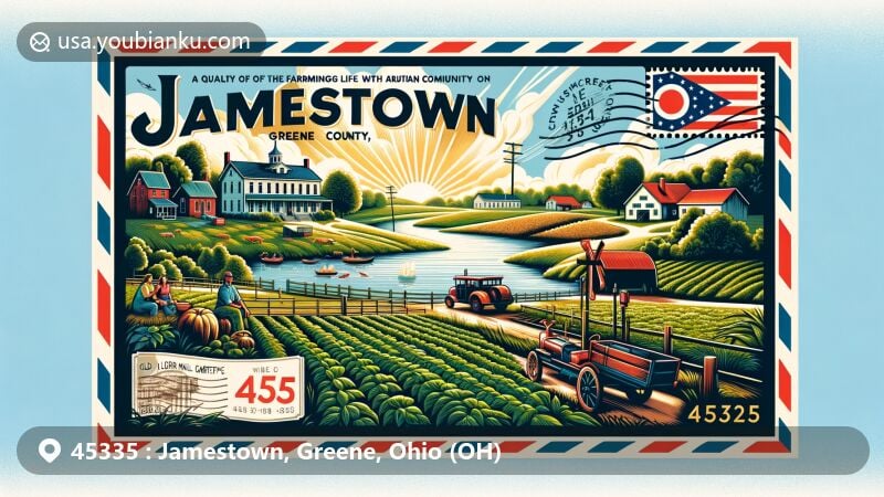 Modern illustration of Jamestown, Greene County, Ohio, depicting a postcard theme with zipcode 45335, featuring serene farming community vibes, a hint of Shawnee Hills lakeside scenes, and landmarks like Old Silvercreek Cemetery, embodying the spirit of Ohio.