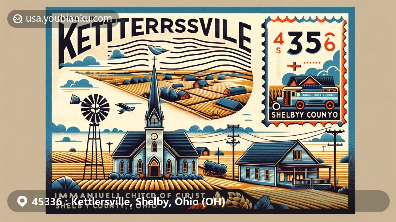 Modern illustration of Kettlersville, Shelby County, Ohio, capturing the small village charm with iconic Immanuel United Church of Christ, scenic rural landscape, and vintage postal theme. ZIP code 45336 and postcard elements featured.
