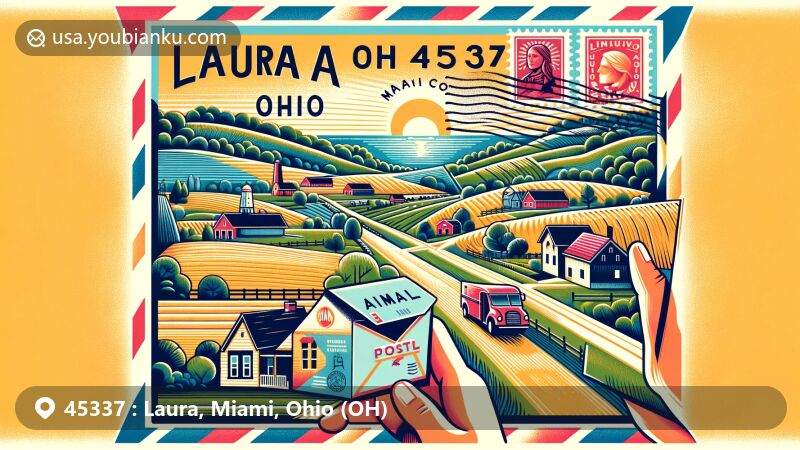 Modern illustration of Laura, Ohio, in ZIP code 45337, blending postal elements with scenic countryside views, showcasing village's natural beauty and local symbols.