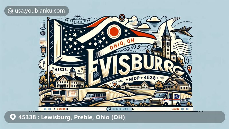 Modern illustration of Lewisburg, Ohio, showcasing state identity with Ohio's emblem and postal theme with ZIP code 45338, featuring local landmarks and postal elements.