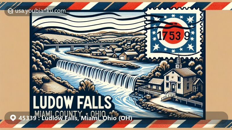 Modern illustration of Ludlow Falls, Miami County, Ohio, capturing the essence of the village with Ludlow Creek and its namesake waterfall, subtly incorporating Ohio state flag and postal elements.