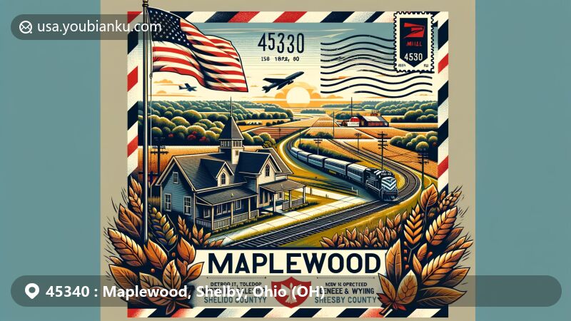 Modern illustration of Maplewood, Ohio, ZIP code 45340, featuring post office, rural landscape of northern Salem Township, Detroit, Toledo and Ironton Railroad train, and Ohio state flag.