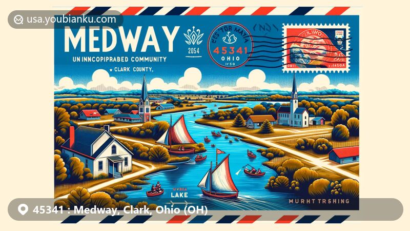 Modern illustration of Medway, Clark County, Ohio, inspired by ZIP code 45341, featuring historical and natural elements such as Mad River, fur trading history, Lyre Lake, and Ohio state flag.