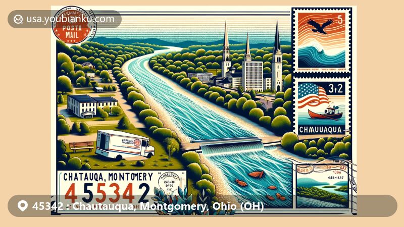 Modern illustration of Chautauqua, Montgomery County, Ohio, featuring Great Miami River, Chautauqua Park, vintage postal elements, and ZIP code 45342.