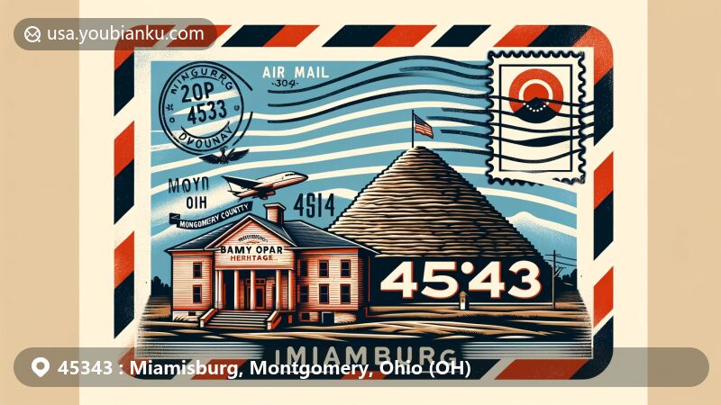 Modern illustration of Miamisburg, Montgomery County, Ohio (OH), highlighting Miamisburg Mound, Baum Opera House, Ohio State Flag Stamp, and postal cancellation mark with ZIP code 45343.
