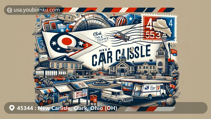 Creative depiction of New Carlisle, Clark County, Ohio, showing ZIP code 45344 with local landmarks like Smith Park Shelter House and Tecumseh Stadium, integrated with postal themes and Ohio state symbols.
