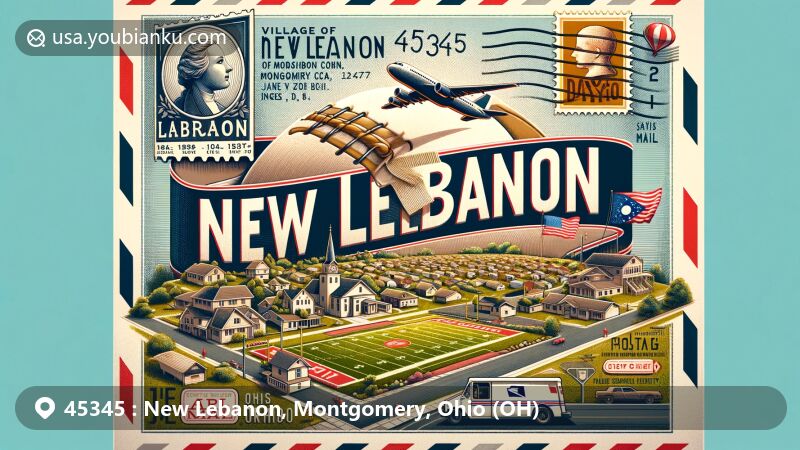 Modern illustration of New Lebanon, Ohio, highlighting ZIP code 45345 and incorporating village landmarks like James E 'Chief' Brown Field and New Lebanon Local Schools, showcasing postal elements with Ohio state flag and community symbols.