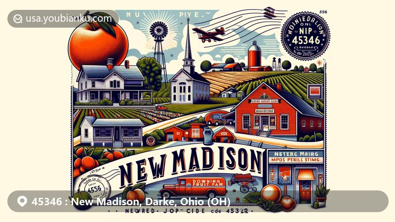 Modern illustration of New Madison, Darke County, Ohio, highlighting ZIP code 45346 and village's identity, featuring Downing Fruit Farm and postal theme.