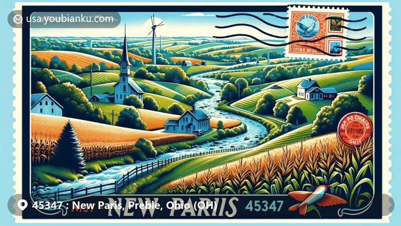 Modern illustration of New Paris, Preble County, Ohio, capturing rural scenery with rolling hills, iconic cornfields, and streams like Little Four Mile Creek and Seven Mile Creek, integrating postal elements such as vintage postcard or air mail envelope shapes, stamps, and postmark with '45347' ZIP code, showcasing the harmonious blend of natural beauty and postal charm in New Paris and Preble County.
