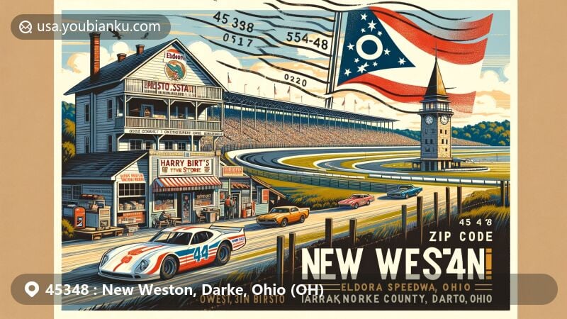 Modern illustration of New Weston, Ohio, Darke County, capturing the essence of rural charm and community pride with Eldora Speedway and Harry Birt's Store.