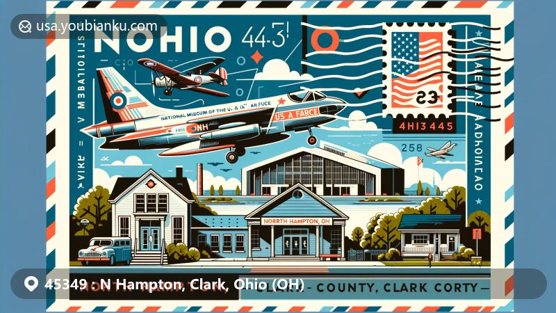 Modern illustration of North Hampton, Clark County, Ohio, featuring the National Museum of the US Air Force with vintage aircraft, small-town elements, and postal theme with ZIP code 45349.