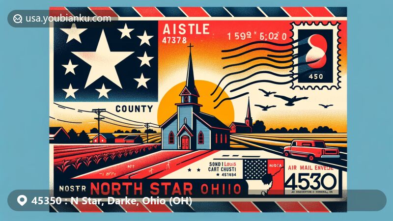 Modern illustration of North Star, Darke County, Ohio, with a postcard design featuring Ohio state flag, Darke County silhouette, and St. Louis' Catholic Church as local landmark, blending postal elements like ZIP code 45350 with rural landscape.