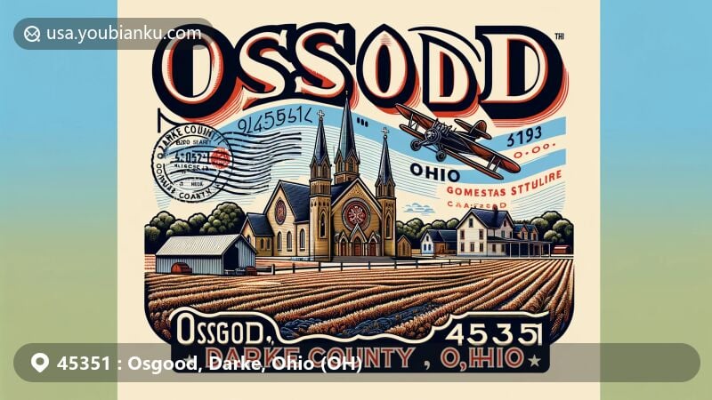 Modern illustration of Osgood, Darke County, Ohio, featuring St. Nicholas' Catholic Church as a central landmark, blending Ohio state flag and Darke County geography, emphasizing state and county background, with vintage aviation mail envelope concept, incorporating local and postal themes, showcasing stylized postage stamp pattern in a corner displaying ZIP code 45351, overlaid with a classic postmark motif, integrating agricultural elements in the background, reflecting the village's surroundings, in a modern illustrative style, suitable for web display, vibrant and tasteful, respecting the heritage of the region.