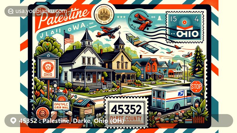 Modern illustration of Palestine, Darke County, Ohio, capturing the essence of quaint village life with ZIP code 45352, featuring vintage air mail envelope, postal stamps, and postmark.