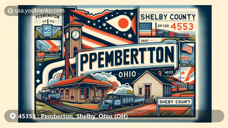 Modern illustration of Pemberton, Shelby, Ohio, showcasing postal and local themes with ZIP code 45353, featuring post office symbol and local landmarks.