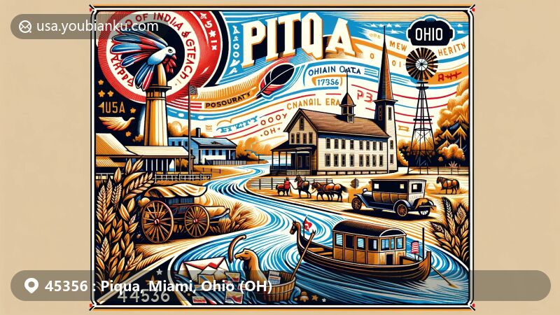Modern illustration of Piqua, Ohio, with ZIP code 45356, featuring landmarks like Johnston Farm & Indian Agency and the Great Miami River, reflecting the city's historical and geographical significance.