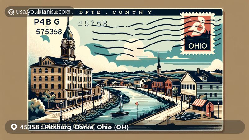 Modern illustration of Pitsburg, Darke County, Ohio, showcasing village scene with local architecture, natural landscapes of winding river and small lake, postal elements like stamp, postmark, and mailbox, and Darke County symbol.