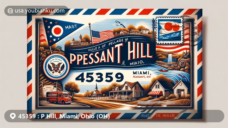 Modern illustration of Pleasant Hill, Miami, Ohio, showcasing postal theme with ZIP code 45359, featuring village community symbols and Ohio state flag.