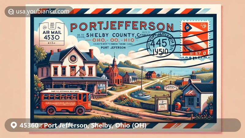 Modern illustration of Port Jefferson, Shelby County, Ohio, showcasing postal theme with ZIP code 45360, featuring village atmosphere along Miami and Erie Canal, Hussey's Restaurant, Ohio state flag, and rural mail delivery elements.