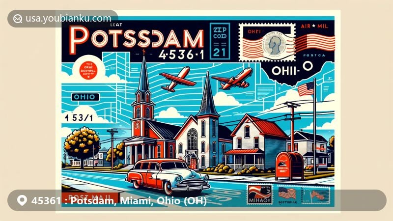 Modern illustration of Potsdam, Ohio, in Miami County, showcasing the village's postal theme with vintage postcard elements, state symbols, and Methodist church landmark.