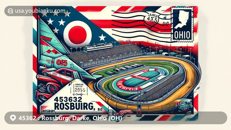 Modern illustration of Rossburg, Ohio, featuring airmail envelope with Eldora Speedway and Ohio state flag elements, showcasing community spirit and postal history.